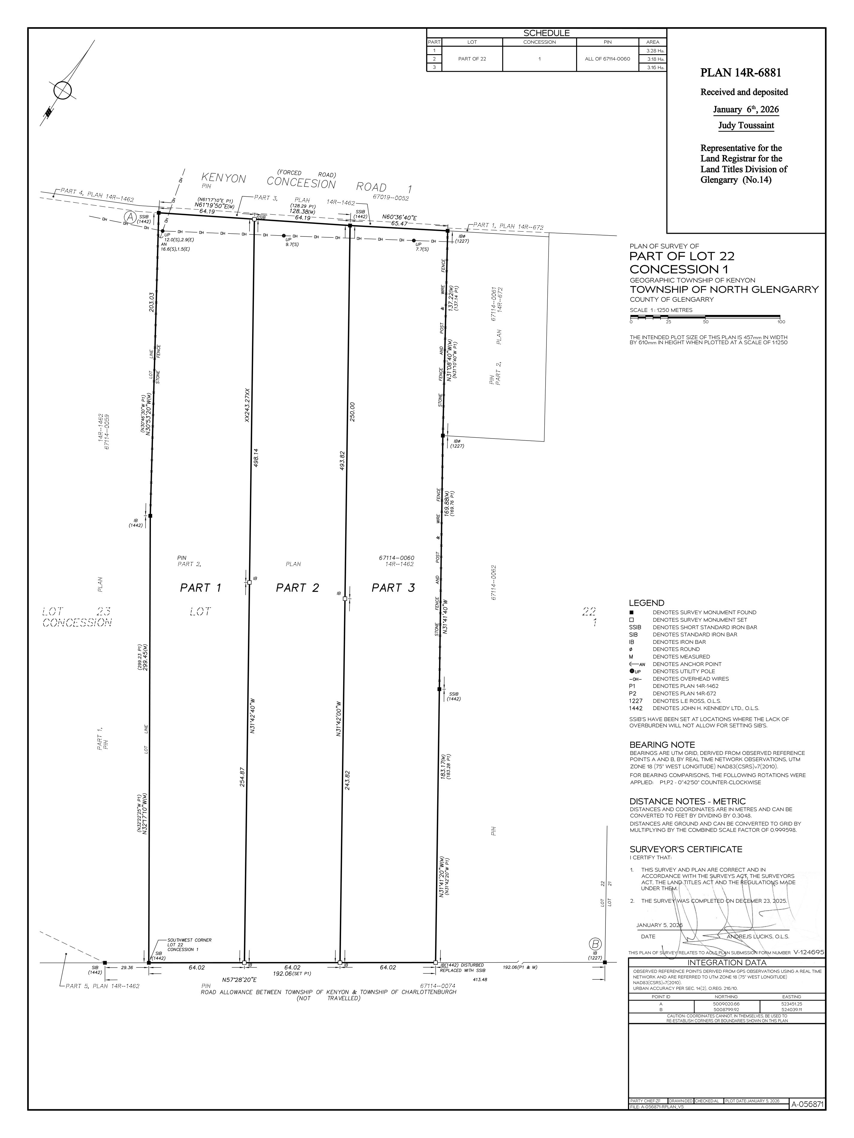 Plan of survey 14R-6881 of part of Lot 22, Concession 1, Township of North Glengarry, showing three defined parts