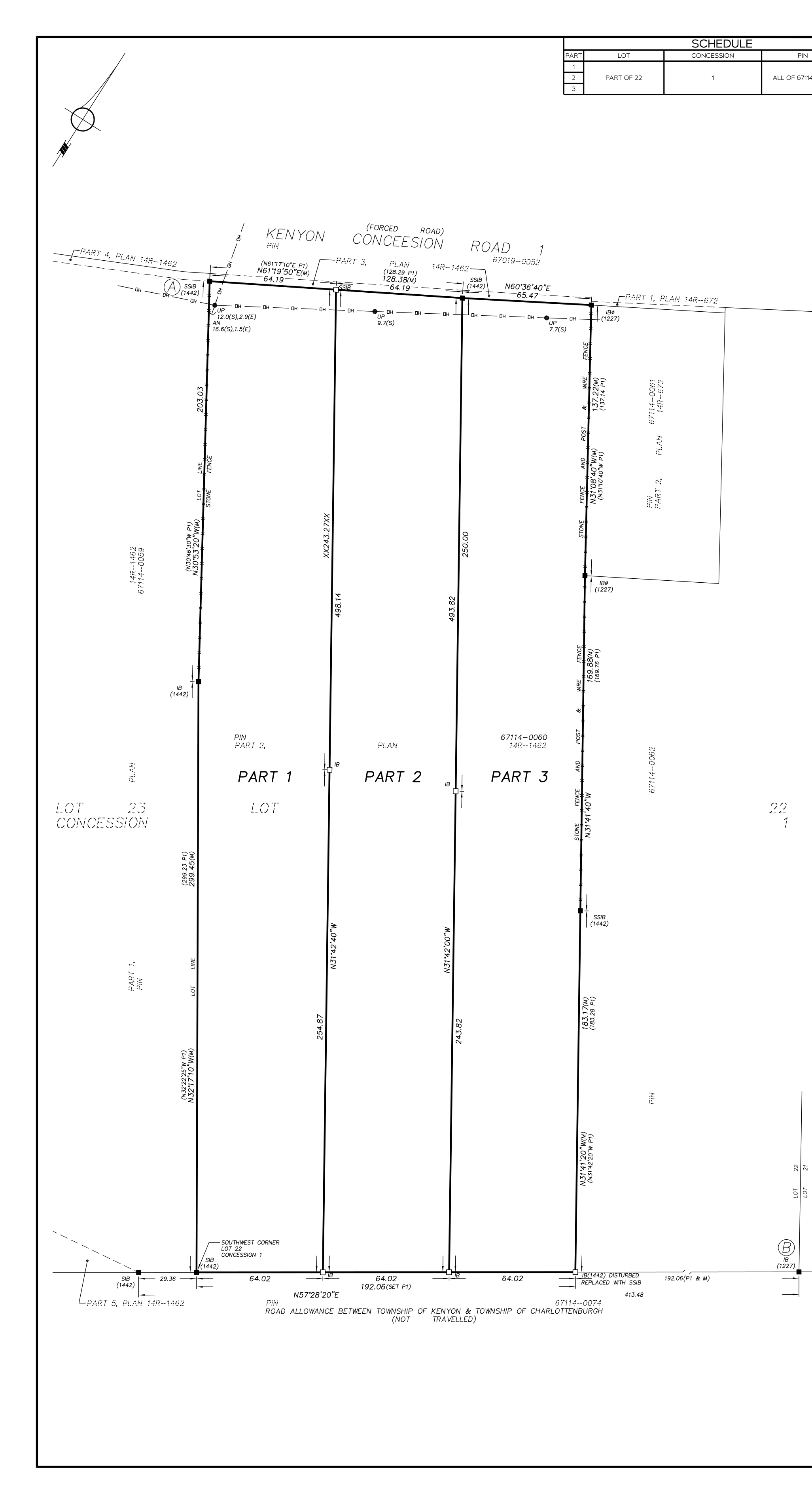 Plan of survey 14R-6881 of part of Lot 22, Concession 1, Township of North Glengarry, showing three defined parts