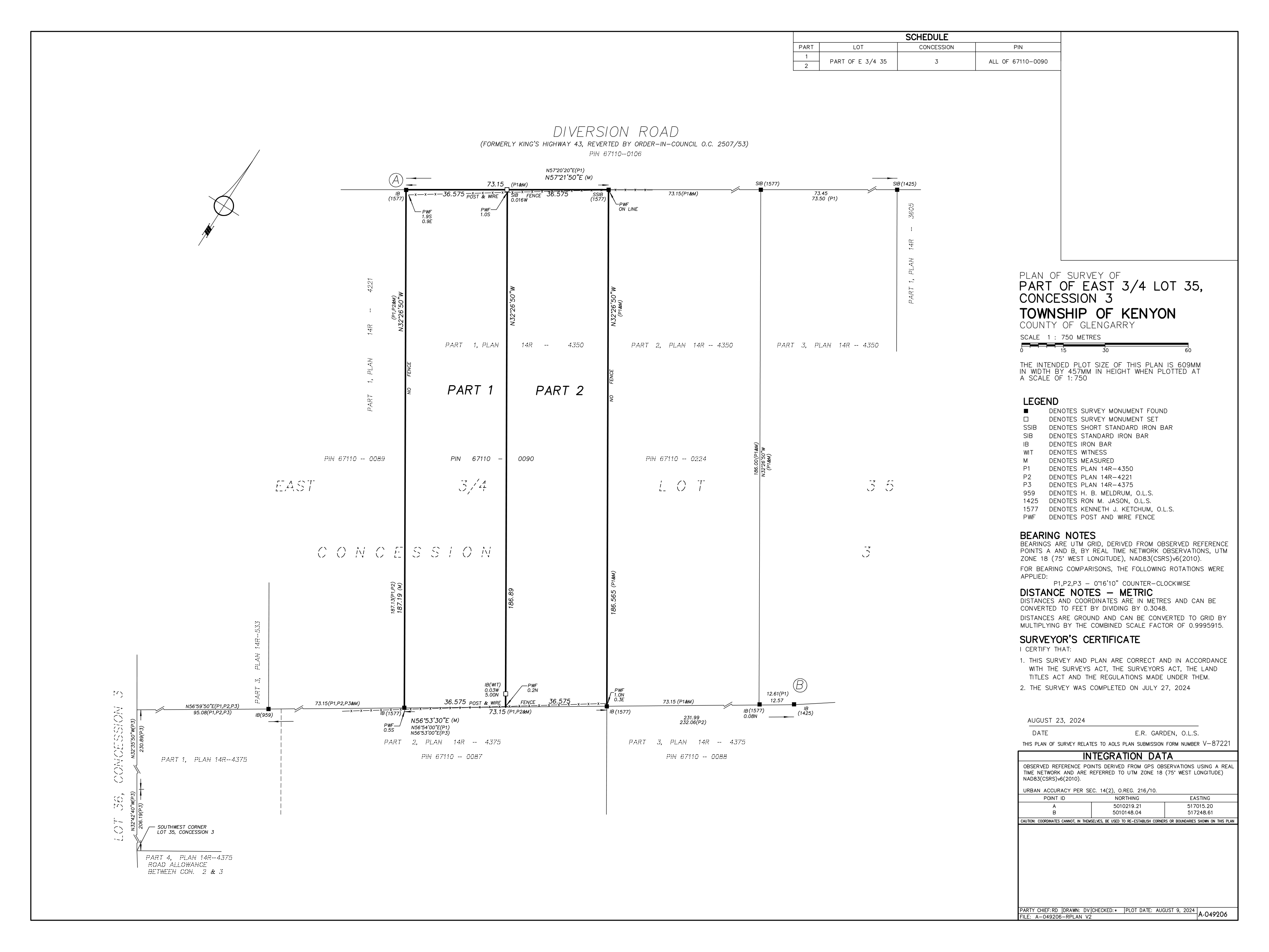 Plan of survey of part of the East 3/4 of Lot 35, Concession 3, Township of Kenyon, showing two defined parts on Diversion Road